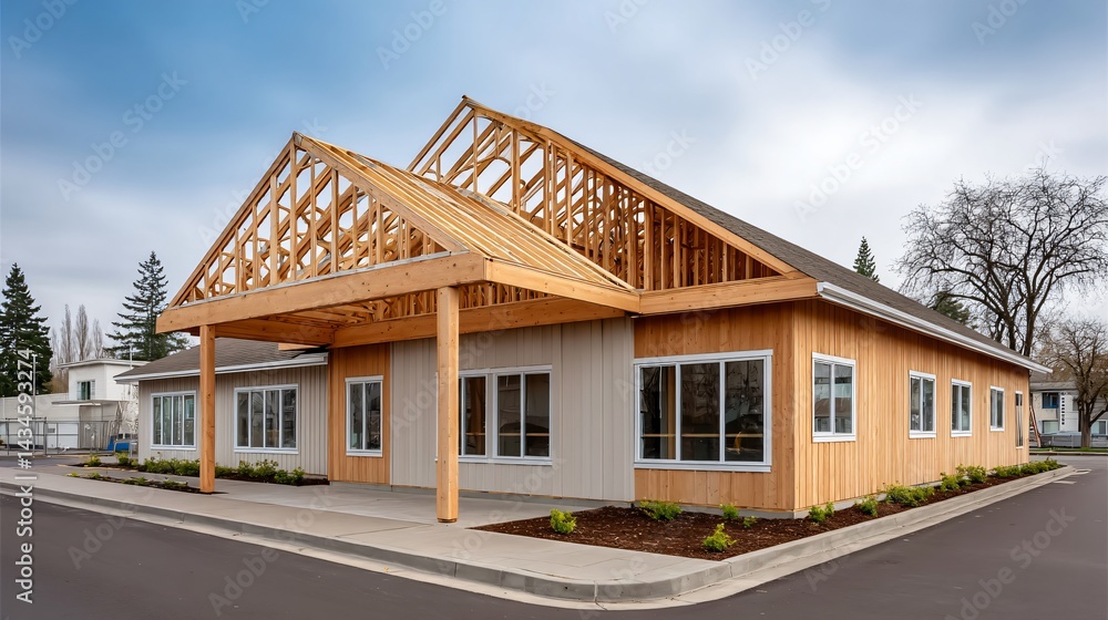 A panoramic shot of a suburban home under construction wood frame walls exposed roof trusses in place workers on ladders nailing beams under clear sky A panoramic shot of a suburban home under construction wood frame walls exposed roof trusses in place workers on ladders nailing beams under clear sky