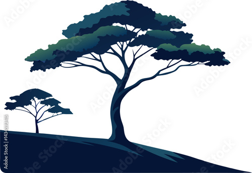 watercolor tree silhouette on hilltop on white background. vector illustration of a tree