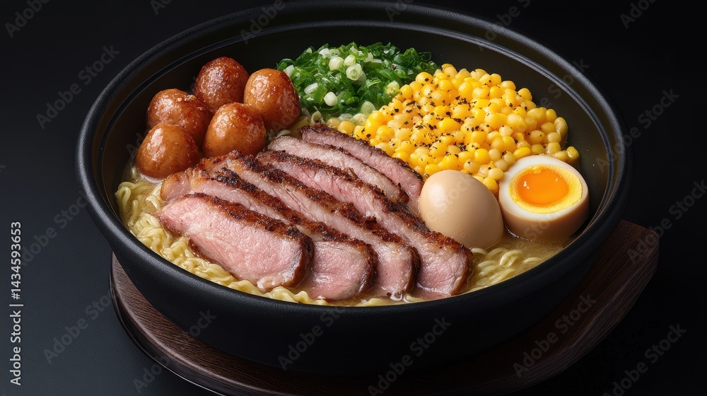 Delicious pork ramen with vibrant toppings in a dark bowl. Delicious pork ramen with vibrant toppings in a dark bowl.