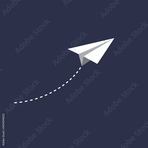 Paper airplane flying with dotted trail on dark blue background vector illustration design 