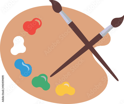 Artist palette with colorful paint blobs and crossed paintbrushes vector illustration for creative design and art projects 