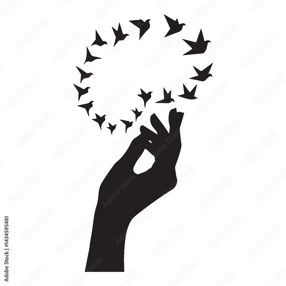 Elegant Hand Silhouette Releasing Spiral of Origami Birds – Modern Black Vector Design on White Background
Elegant Hand Silhouette Releasing Spiral of Origami Birds – Modern Black Vector Design on White Background