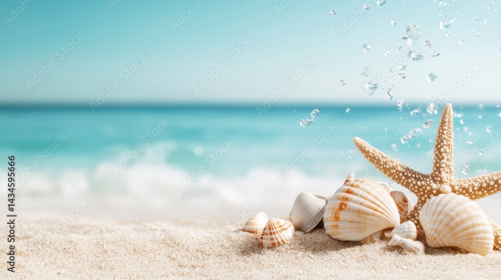 A tranquil beach scene showcasing beautiful seashells and a starfish nestled in fine, soft sand with gentle ocean waves in the background, evoking a sense of peace. A tranquil beach scene showcasing beautiful seashells and a starfish nestled in fine, soft sand with gentle ocean waves in the background, evoking a sense of peace.