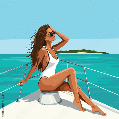 flat vector illustration of a girl relaxing on a yacht. Perfect for vacation, travel, and leisure-themed projects. This stylish design captures the essence of a luxurious summer getaway