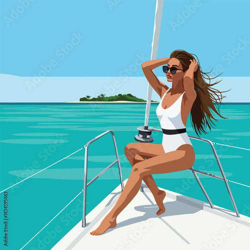 flat vector illustration of a girl relaxing on a yacht. Perfect for vacation, travel, and leisure-themed projects. This stylish design captures the essence of a luxurious summer getaway