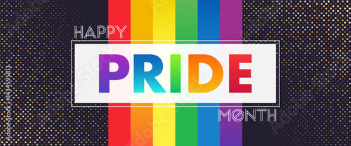Happy PRIDE month banner with colorful rainbow color stripes and halftone glitter background