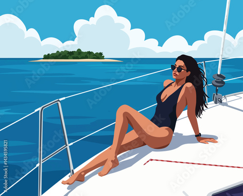flat vector illustration of a girl relaxing on a yacht. Perfect for vacation, travel, and leisure-themed projects. This stylish design captures the essence of a luxurious summer getaway
