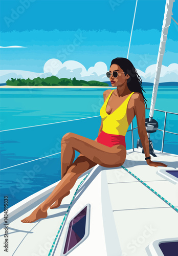 flat vector illustration of a girl relaxing on a yacht. Perfect for vacation, travel, and leisure-themed projects. This stylish design captures the essence of a luxurious summer getaway