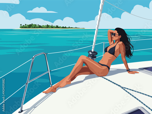 flat vector illustration of a girl relaxing on a yacht. Perfect for vacation, travel, and leisure-themed projects. This stylish design captures the essence of a luxurious summer getaway