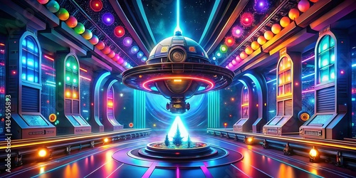 Futuristic Spaceship Design: Radiant Neon Lights & Circular Shapes Stock Photo
