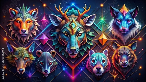 Geometric Animal Heads Night Photography: Nine Mystical Creatures in Low Light