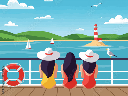 Summer holiday vacation scene: Two women in bikini enjoy the ocean view from a cruise ship deck. Flat illustration vector