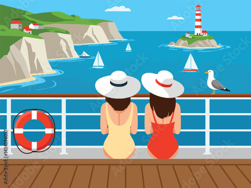 Summer holiday vacation scene: Two women in bikini enjoy the ocean view from a cruise ship deck. Flat illustration vector