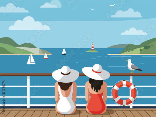 Summer holiday vacation scene: Two women in bikini enjoy the ocean view from a cruise ship deck. Flat illustration vector