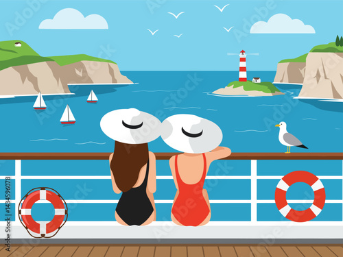Summer holiday vacation scene: Two women in bikini enjoy the ocean view from a cruise ship deck. Flat illustration vector