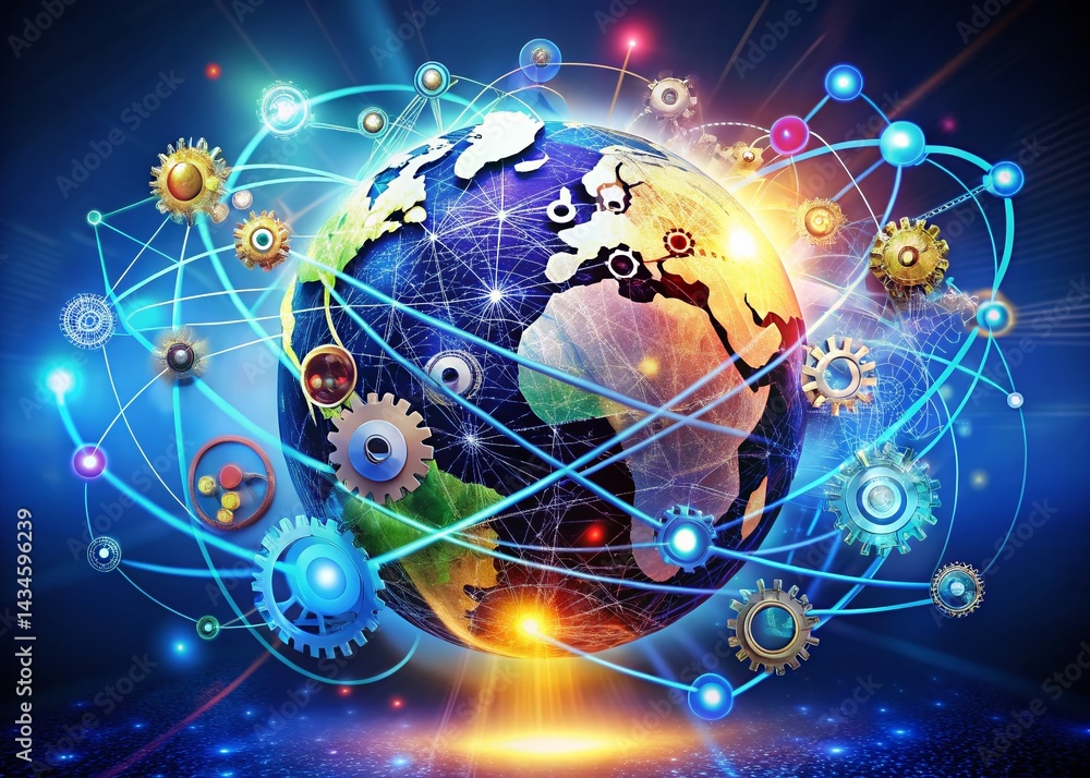 Obraz premium Global Business Network: Abstract Globe with Corporate Symbols