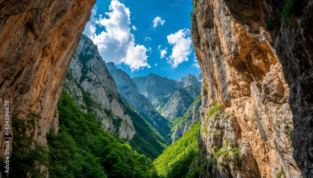 Majestic mountain valley surrounded by rocky cliffs and trees Majestic mountain valley surrounded by rocky cliffs and trees