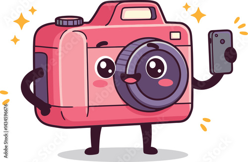 Cute pink camera character taking selfie with smartphone vector illustration in kawaii style 