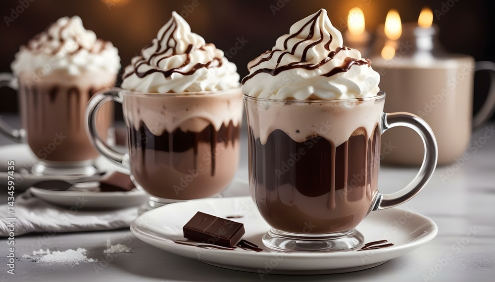 Indulge in a creamy hot chocolate topped with whipped cream and chocolate drizzle. Indulge in a creamy hot chocolate topped with whipped cream and chocolate drizzle.