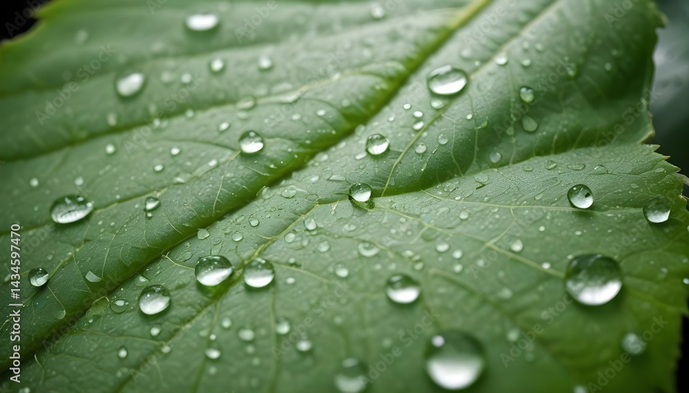 Detailed shot of water droplets resting on a vibrant green leaf, a beautiful natural scene. Detailed shot of water droplets resting on a vibrant green leaf, a beautiful natural scene.