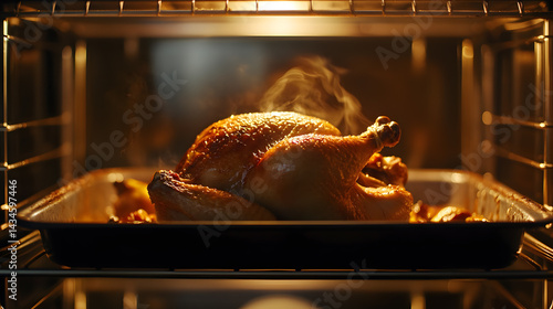 steaming whole roast chicken sits in oven tray, golden and crispy, exuding warmth and delicious aroma