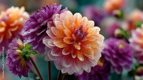 Vibrant Dahlias in Various Colors with Water Droplets on Petals