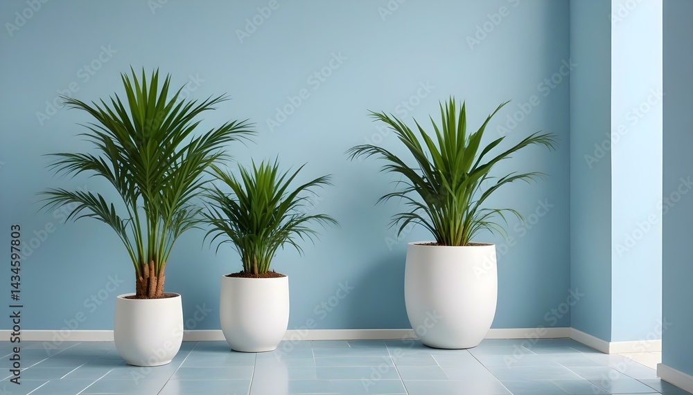 Three lush green potted plants adding a touch of freshness to a minimalist blue room. Three lush green potted plants adding a touch of freshness to a minimalist blue room.