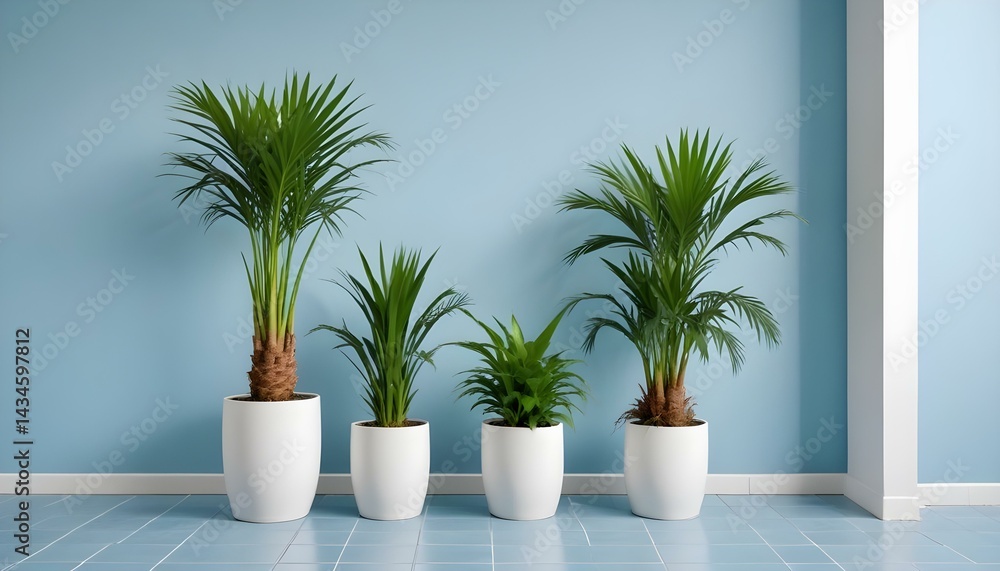 Four decorative Areca palms, in white pots, against a serene, light blue wall indoors. Four decorative Areca palms, in white pots, against a serene, light blue wall indoors.