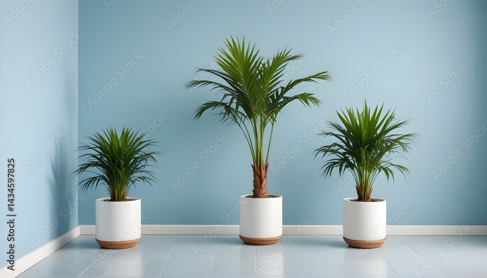 Fototapeta premium Three areca palm plants in white pots against a light blue wall in a modern room.