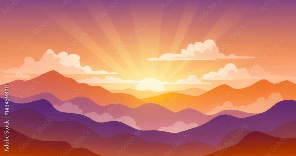 Obraz premium Summer sunrise landscape with purple and orange mountains and clouds. Abstract nature background for hiking and adventure concept. Hike, traveling and camping backdrop. Colorful digital flat banner.