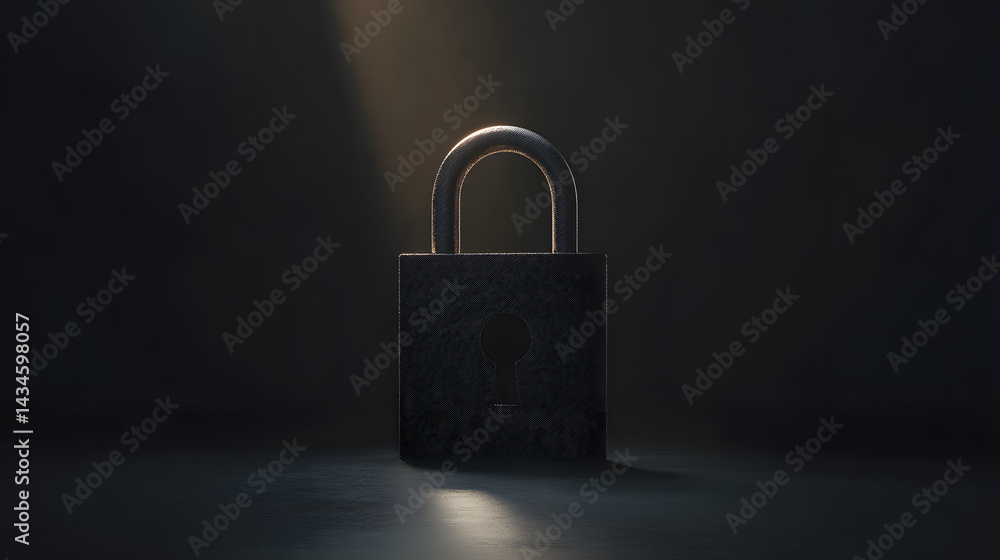 Naklejka premium padlock stands illuminated in dark room, symbolizing security and protection