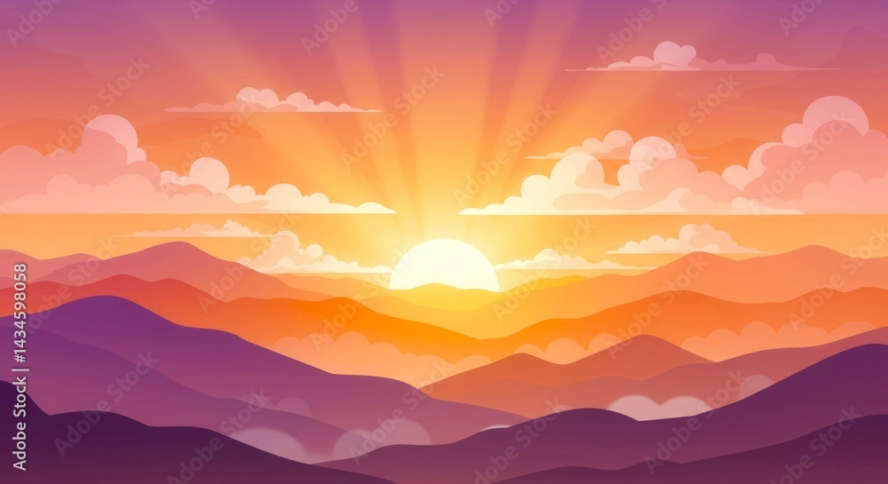 Obraz premium Summer sunrise landscape with purple and orange mountains and clouds. Abstract nature background for hiking and adventure concept. Hike, traveling and camping backdrop. Colorful digital flat banner.