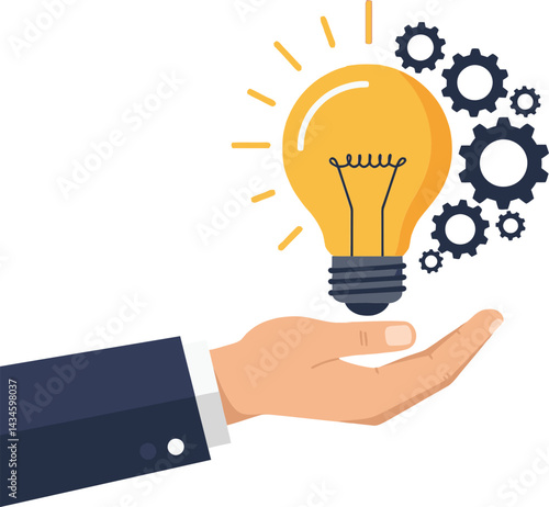 Hand Holding Light Bulb with Yellow Glow and Black Gears Symbolizing Innovation and Ideas Creativity 