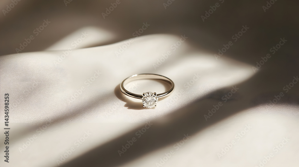 Elegant diamond ring on soft, shadowed surface, showcasing its brilliance and simplicity Elegant diamond ring on soft, shadowed surface, showcasing its brilliance and simplicity