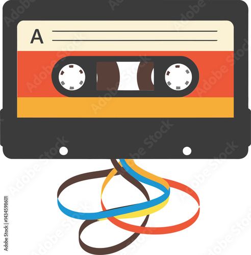 Vintage audio cassette tape with colorful tangled magnetic tape illustration