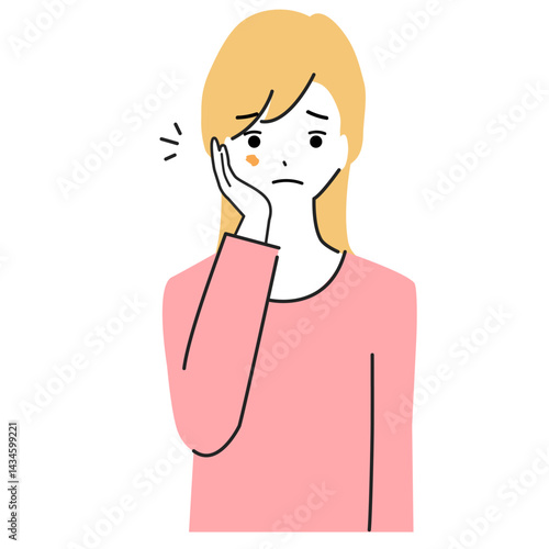 顔にシミが出来て困っている若い女性のイラスト