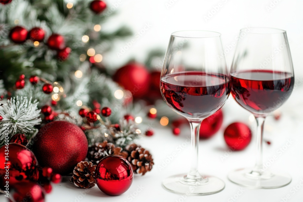 Two glasses of red wine stand before a festive arrangement of red ornaments, pine branches, and twinkling lights Two glasses of red wine stand before a festive arrangement of red ornaments, pine branches, and twinkling lights