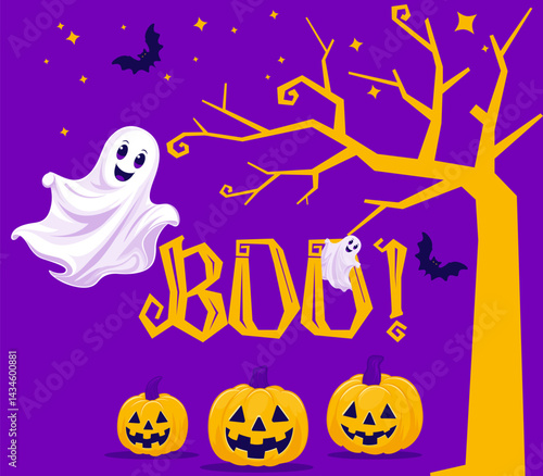 Happy Halloween greeting card with a ghost, Boo. Halloween banner spooky bat and ghost. Horror happy party characters. Happy halloween greeting vector design. Purple background. Halloween ghost