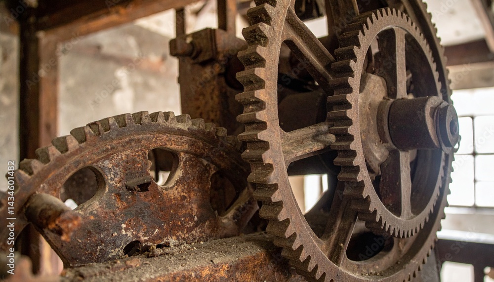 Close cinematic shot of interior gears and rusted mechanisms Close cinematic shot of interior gears and rusted mechanisms