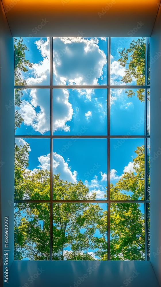 Fototapeta premium Skylight Reflection captures bright summer sky with lush green trees during a sunny afternoon