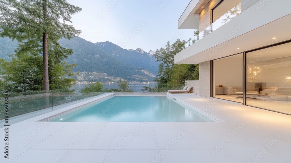 Fototapeta premium Modern luxury home with stunning mountain and lake views. Outdoor pool area with white deck and glass railings