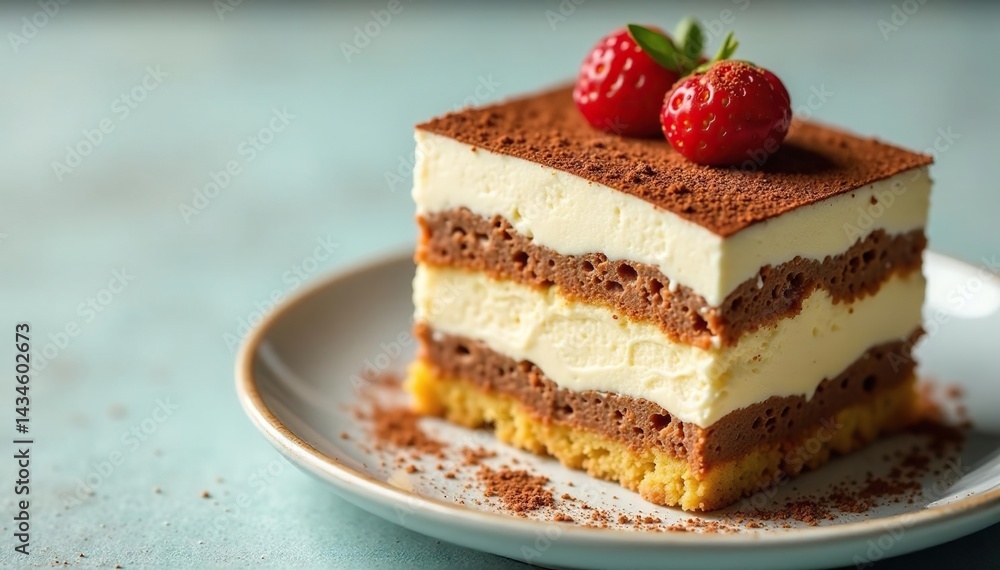 Close-up view of a single tiramisu portion, showing texture and layers , close-up, chocolate Close-up view of a single tiramisu portion, showing texture and layers , close-up, chocolate