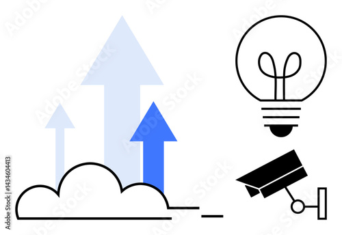 Cloud propelling upward arrows, lightbulb representing ideas, security camera symbolizing surveillance. Ideal for technology, creativity, progress, innovation, business security vision. Flat simple