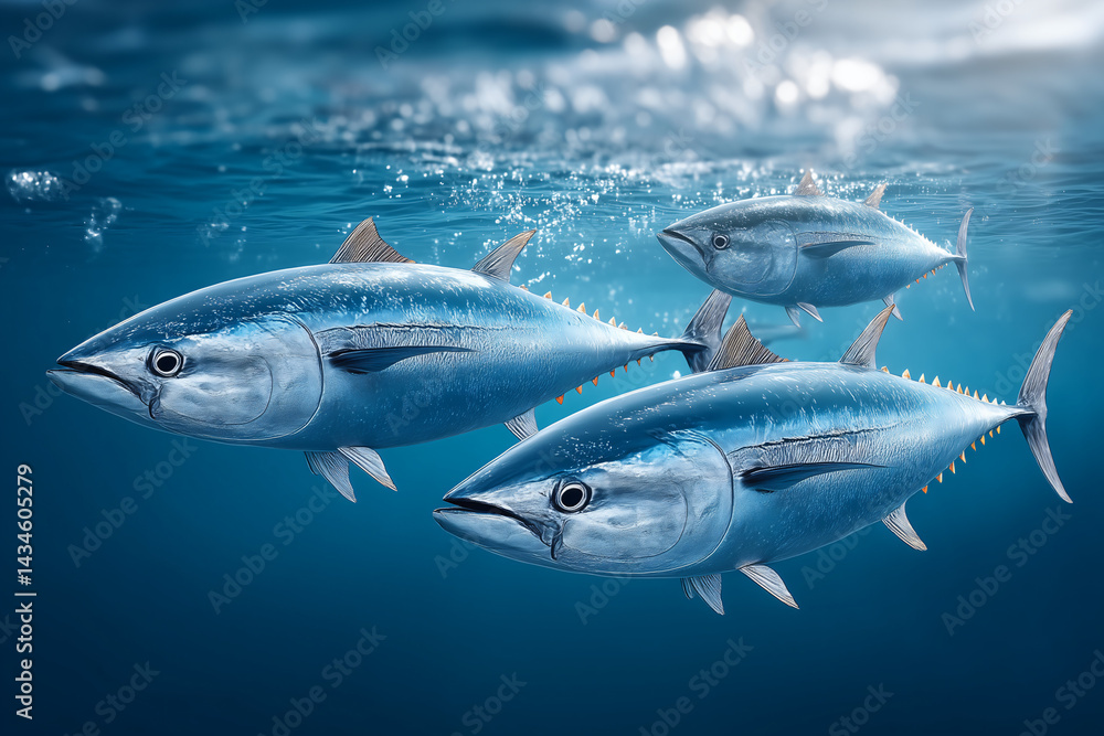 Tuna in Azure Depths: A trio of magnificent tuna glides through the cool, crystalline blue ocean water, a portrait of marine life and aquatic grace. Tuna in Azure Depths: A trio of magnificent tuna glides through the cool, crystalline blue ocean water, a portrait of marine life and aquatic grace.