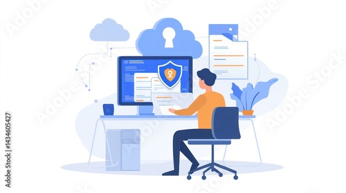 Man secures data on computer, office background