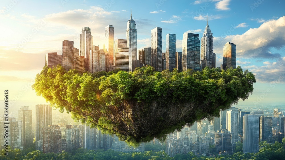 Obraz premium The city of the future is portrayed as a fantastical realm where towering skyscrapers float above a thriving island, symbolizing the perfect blend of architectural innovation and natural surroundings