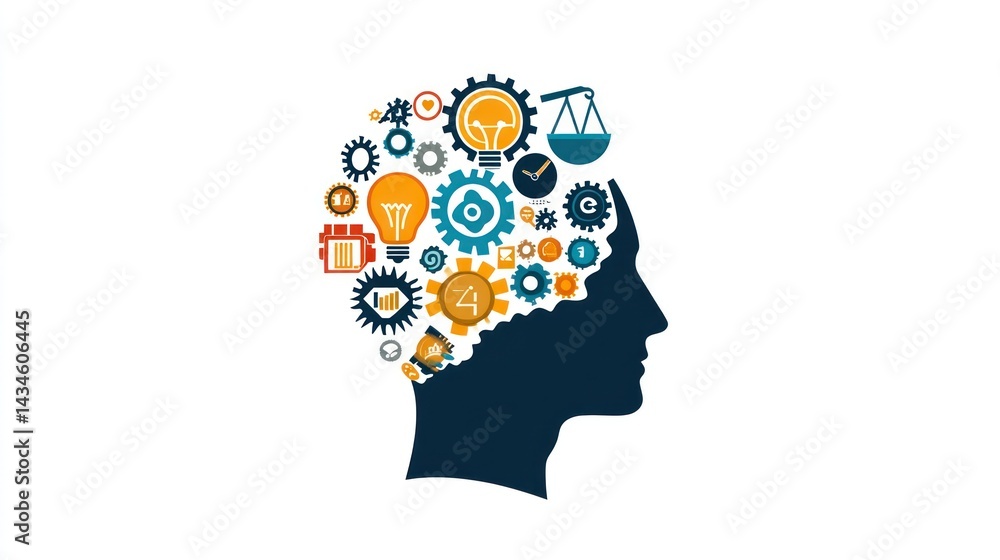 Abstract human head with gears, lightbulb, and scales; creative process, innovation Abstract human head with gears, lightbulb, and scales; creative process, innovation