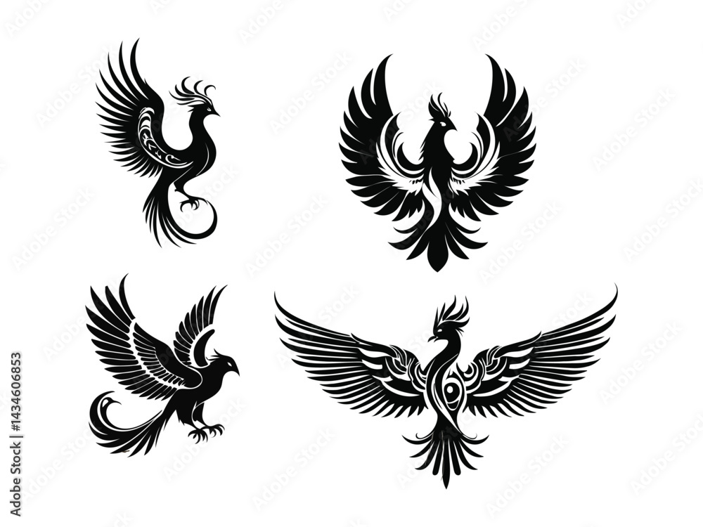 Fototapeta premium Stylized Phoenix Tattoo Art Collection Black Ink Vector Firebird Illustrations for Artists on the Isolated White Background