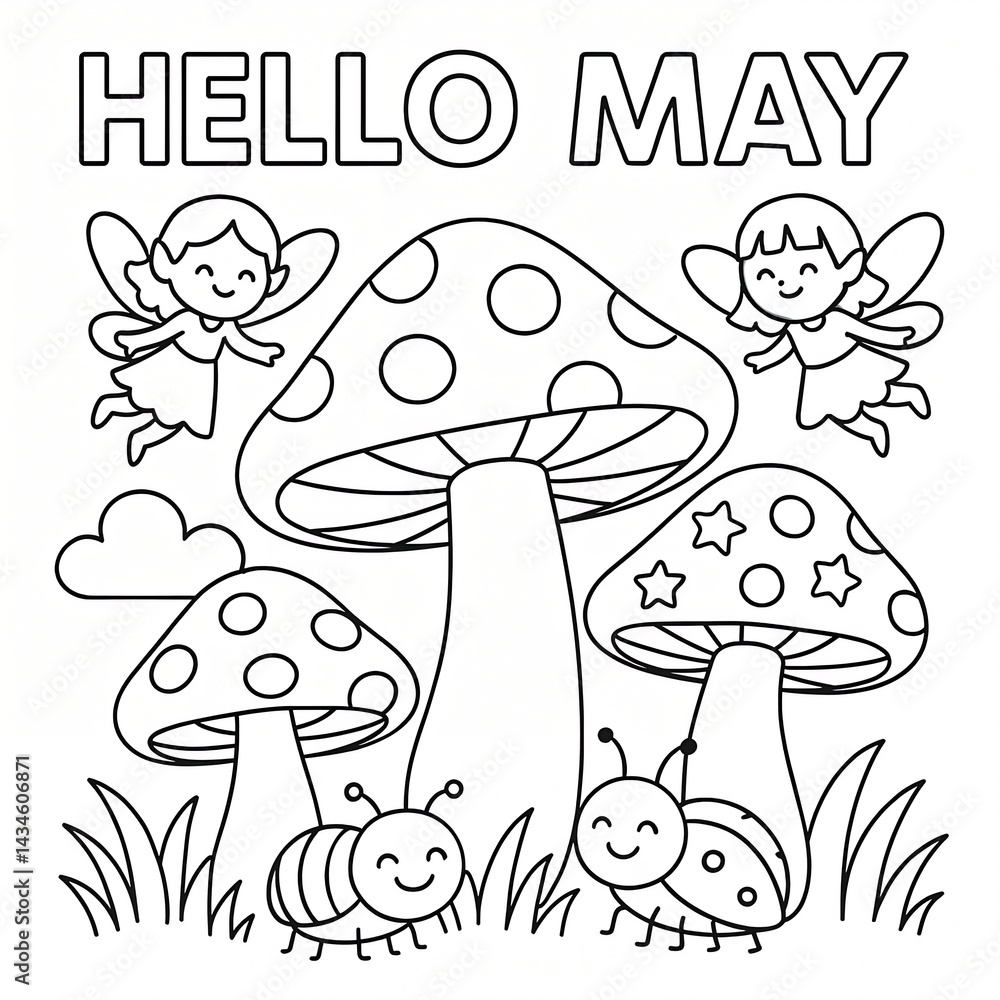 Hello May Coloring Page – Fairies, Mushrooms, and Ladybugs Scene
Hello May Coloring Page – Fairies, Mushrooms, and Ladybugs Scene