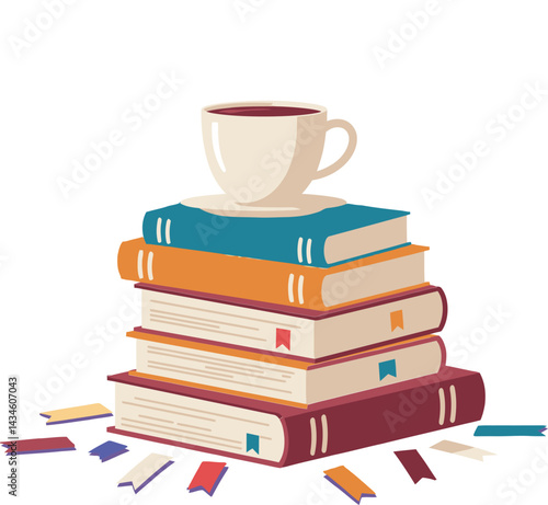 Stack of colorful books with coffee cup on top in cozy reading concept vector illustration